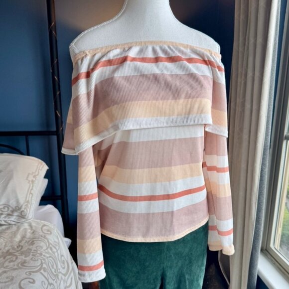 BooHoo Peach Striped Off the Shoulder Long Sleeved Top - Picture 3 of 8